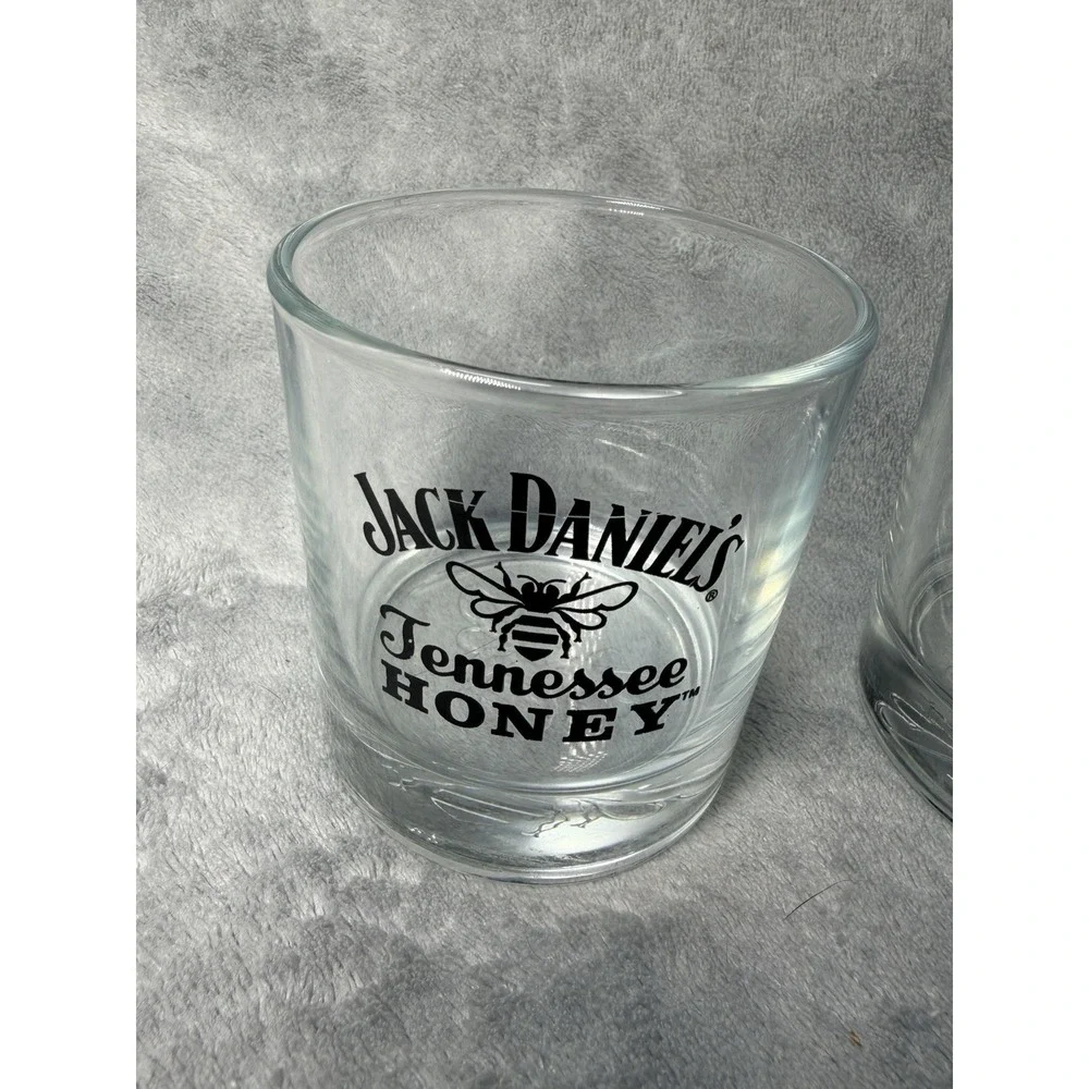 2 Jack Daniels Tennessee Honey Low Ball Rocks Glass Cups Bee Embossed On Bottom